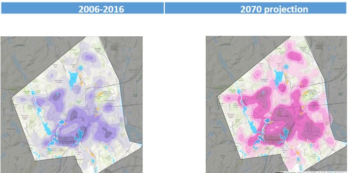 Current reported flooding events and 2070 projections